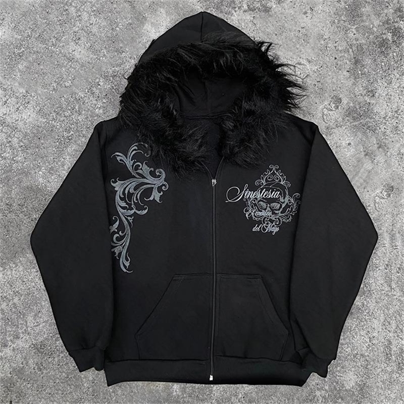 Dark Faux Fur Collar Harajuku Punk Y2K Zip up hoodie High street Skull Zipper Hoodie sweatshirt Retro Hip Hop Top Gothic Jacket 260327