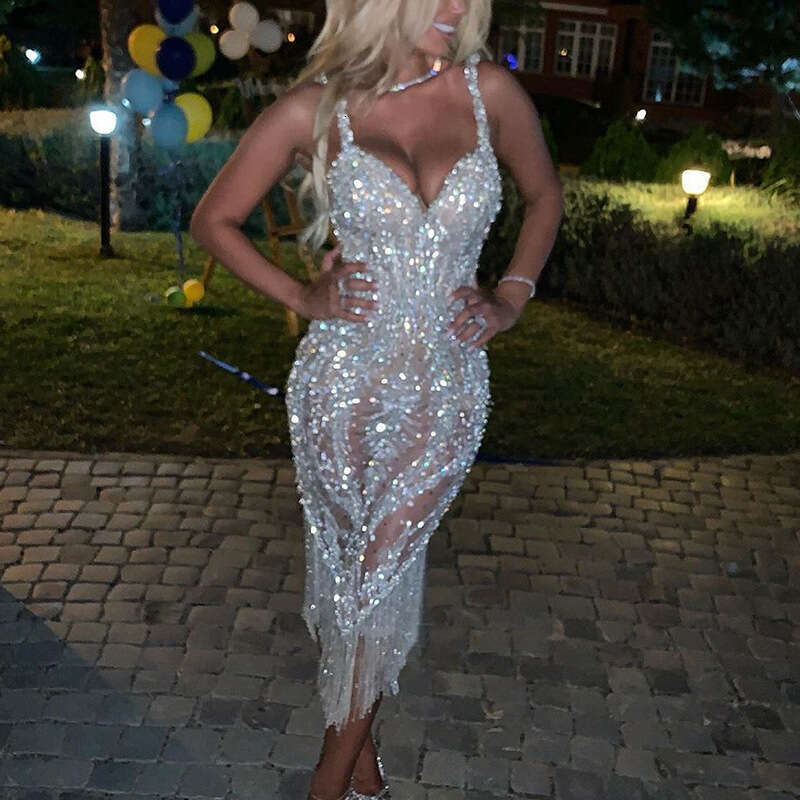 2026 New Cross-Border Foreign Trade European and American Women's Clothing Deep V Long Sleeve Sequin Dress Mini Gown