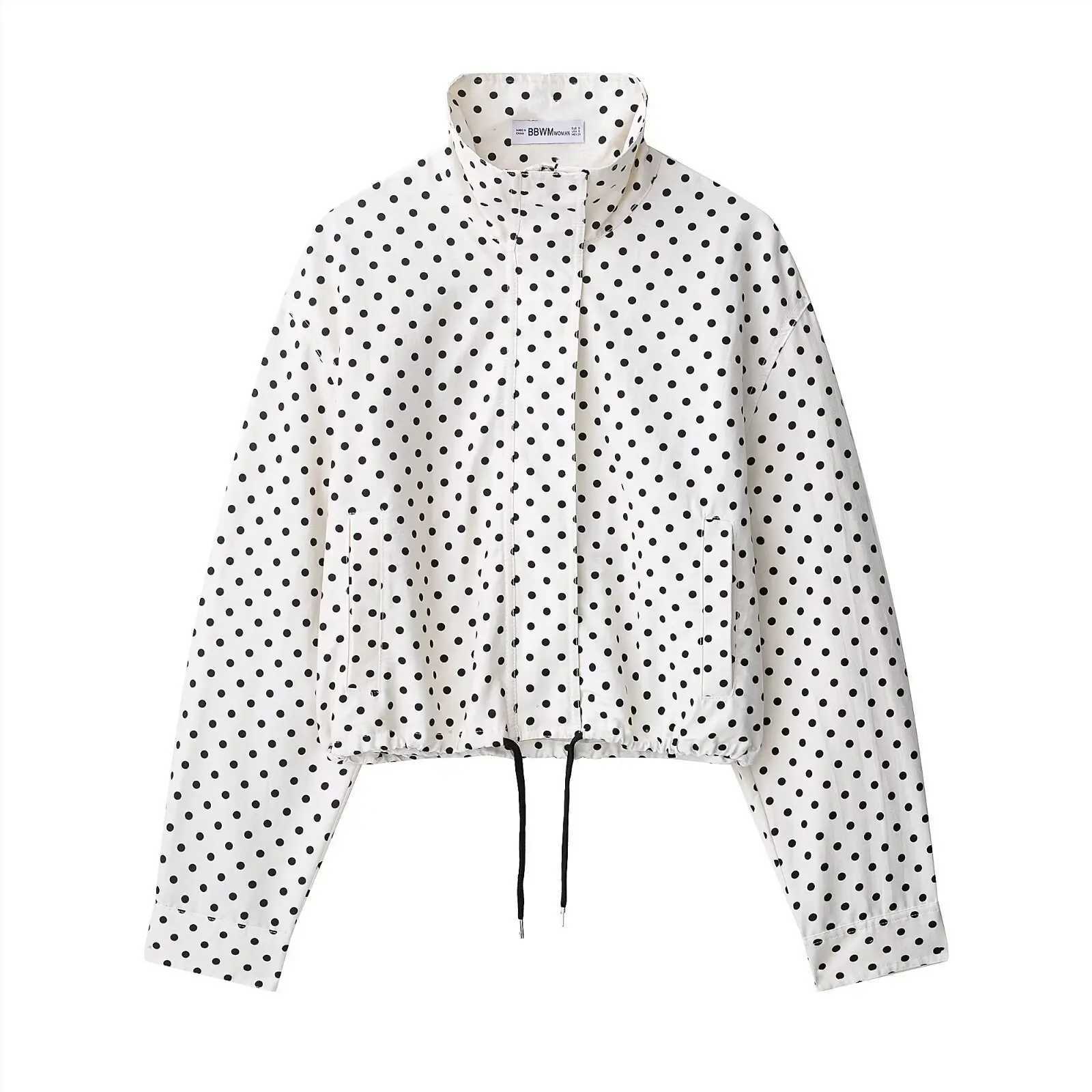 2026 Spring Jacket Women Long Sleeves Turtleneck Zipper Pockets Drawstring Casual Short Coats Women Fashion Polka Dot JacketsT260328