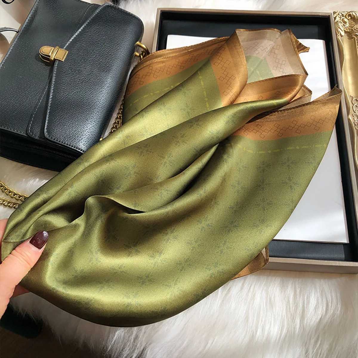 Dark Green Printed Square Scarf Plain Floral Pattern Simple Imitation Silk Neckerchief Elegant Bandana Women Head Wrap Scarves Z260330