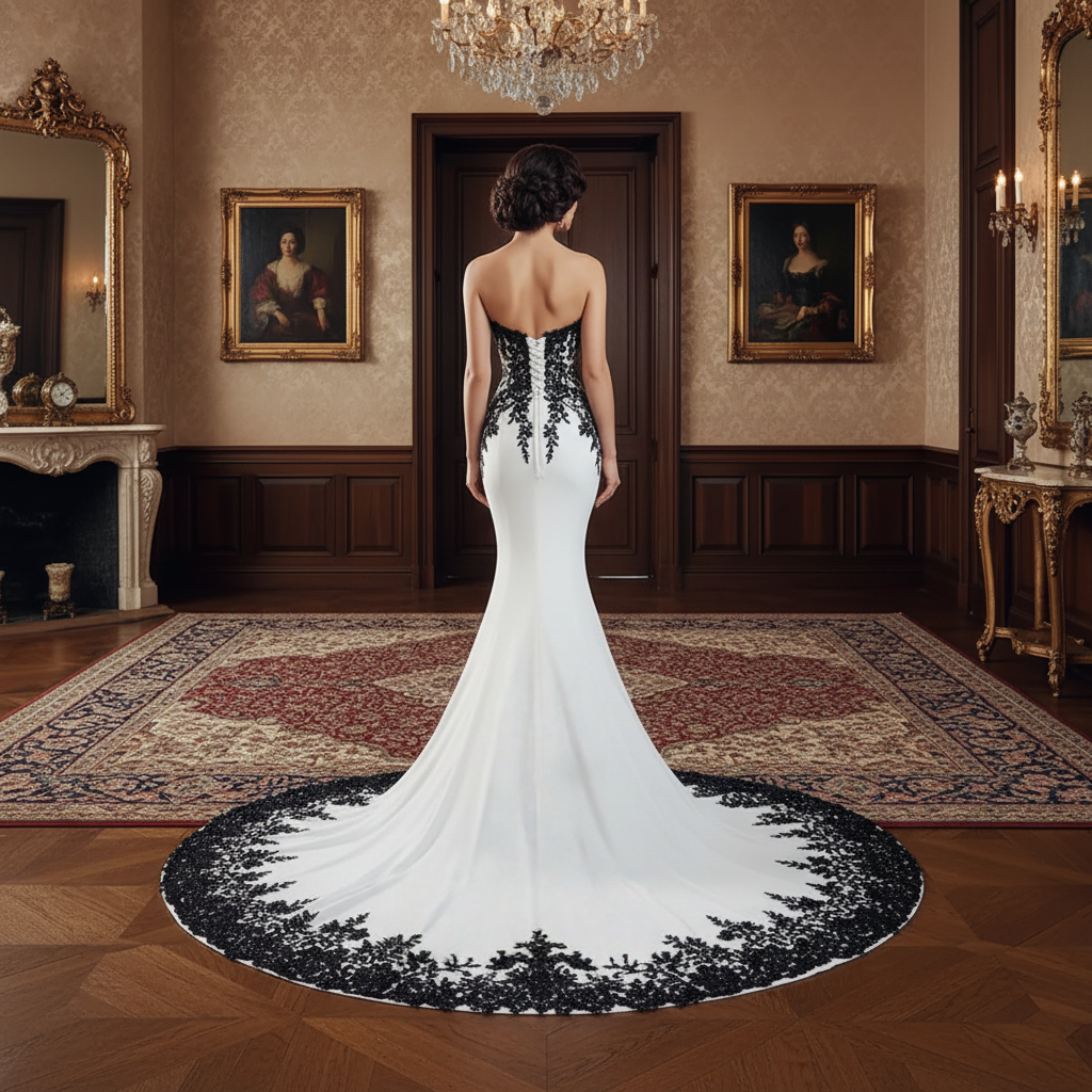 Gothic Black And White Mermaid Wedding Dresses Lace Appliques Sweetheart Neckline Sleeveless Satin Long Vintage Bridal Gowns Court Train