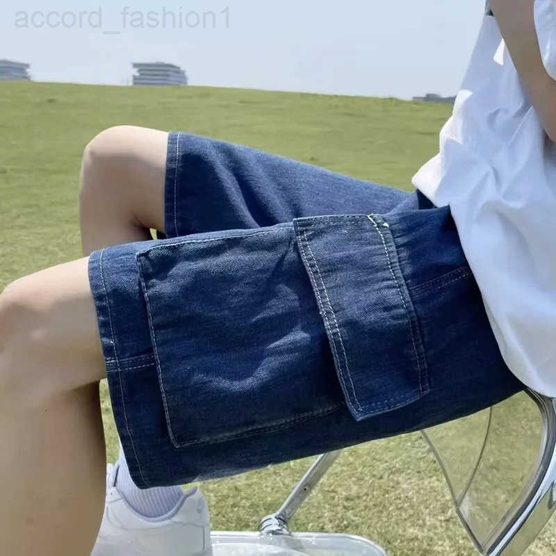 New Retro Multi-pocket Baggy Cargo Jorts For Men Solid Color Breathable Straight Denim Shorts Distressed Y2K Streetwear Bermuda H260330