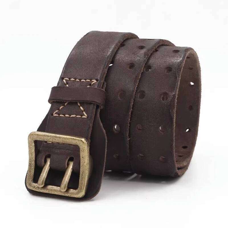 Original Handmade Double-Needle Buckle Men's Washed Water Made Old Macho Jeans Genuine Leather Y2k Army Tactical Belt Chunjinqiuli