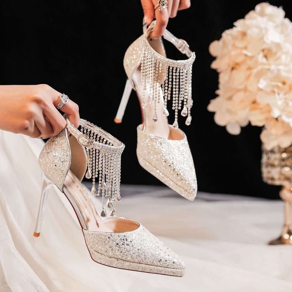 Crystal Tassel Rhinestone One Strap Waterproof Platform Sequin Stiletto High Heels Wedding Banquet Shoes