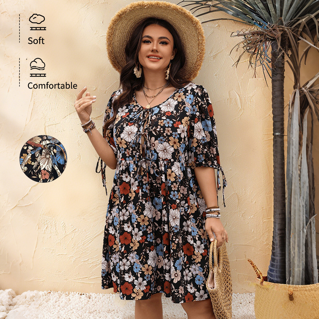 Q0285 Spring and Summer Large Size Women's Clothing Casual Vacation Style Printed Crew Neck Five-Sleeve Loose Dress