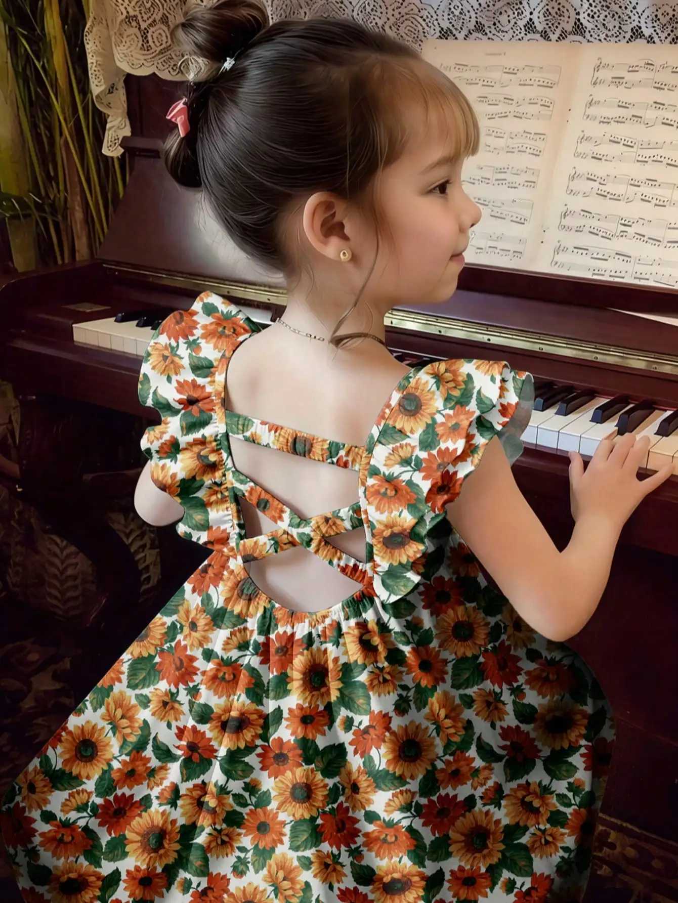 Girls mid length dress with ruffle sleeves cool summer style suitable for parties and casual wear A-line cut girls dressT260330