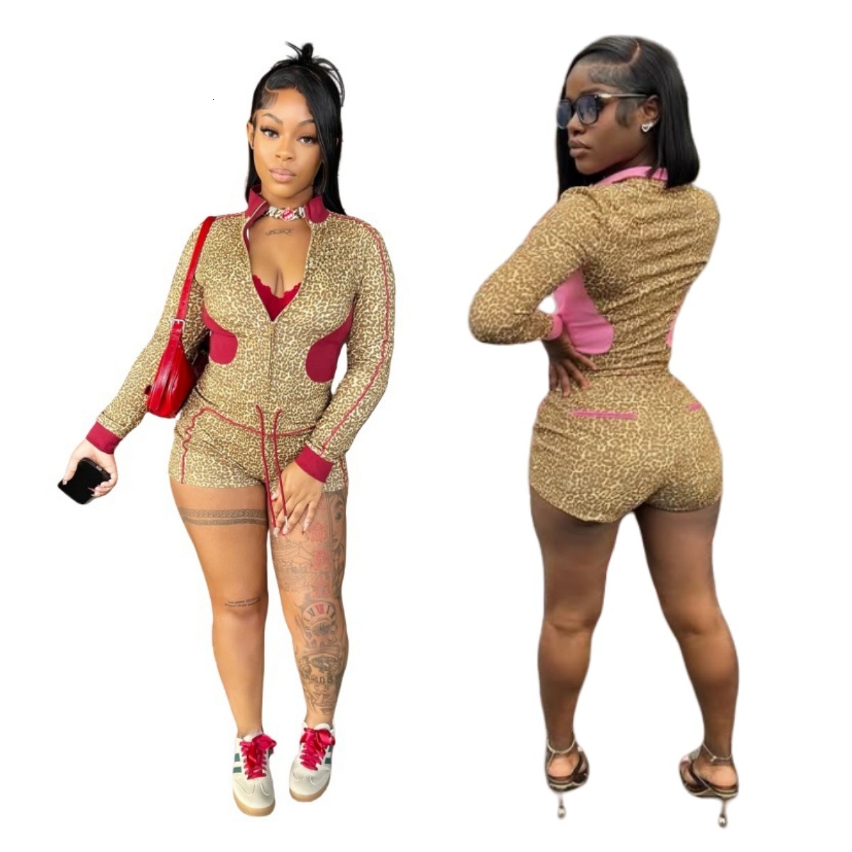 Autumn and Winter New Leopard Print Shorts Set MZ88651 Long Sleeve Stretch Set