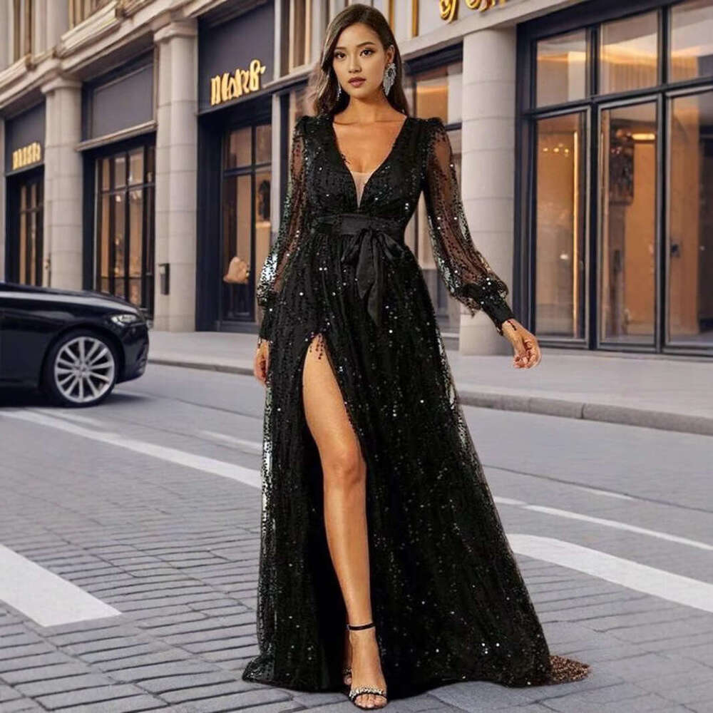 2026 European American cross-border women's new autumn mesh sequin long evening dress for banquets and events
