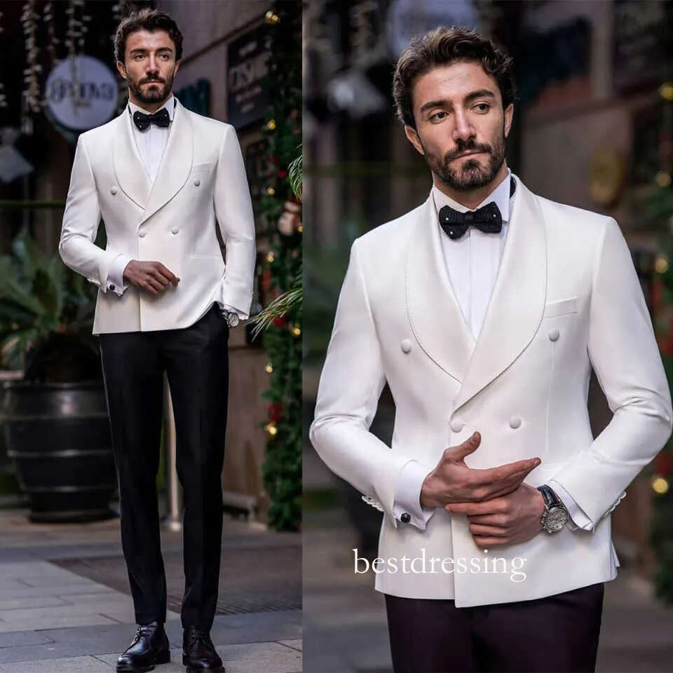 Elegant Wedding Tuxedos 2 Piece Set White Jacket Black Pants Men Suit Shawl Lapel Customized Groom Wear Party Suits D0330