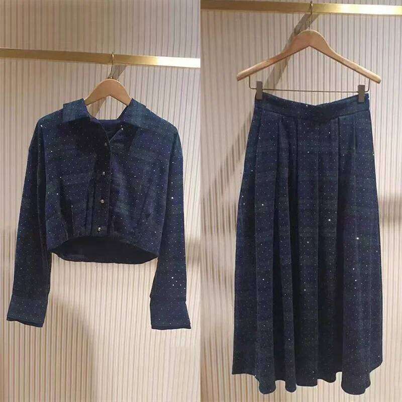 Women's Plaid Contrasting Color Top Or Midi Skirt Female Fashion Hot Stamping Blouse + Jupe 2025 New Mdng260330