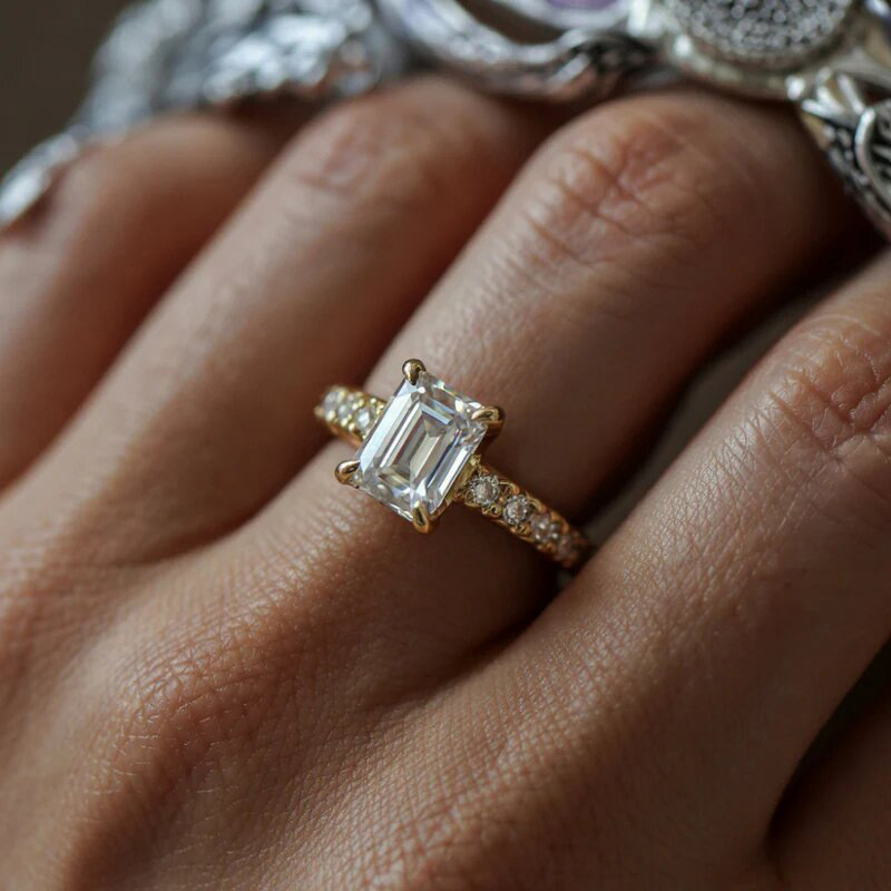 Classic Three Stone Princess Cut Ring 14k Gold Plated 5A Cubic Zirconia Engagement Ring Paved Band Wedding Promise Ring for Bridal Jewelry Gift Size 6