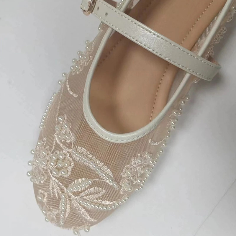 Mesh Embroidery String Bead Women Ballet Flats Fashion Buckle Breathable Mary Jane Shoe Comfort Low Heel Soft Flat Sandals 260323
