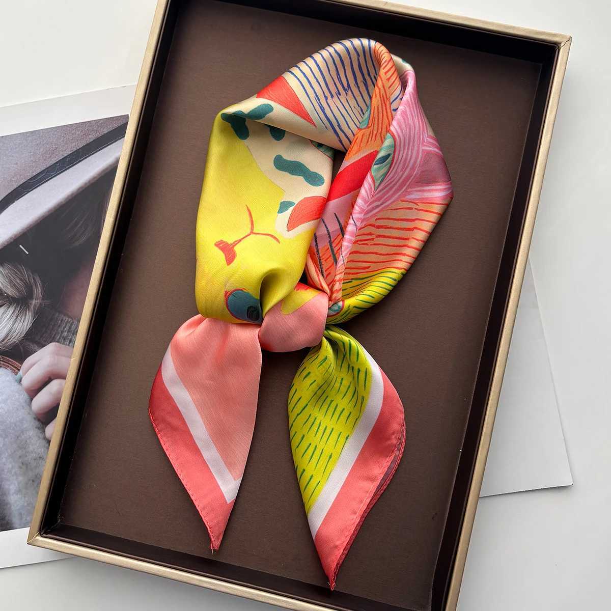 2026 Wen Square Scarf Silk Imitation Cute Cat Cartoon Print Neckerchief Bandana Lady Shawl Scarves Wrap Hair Band Ties X260328