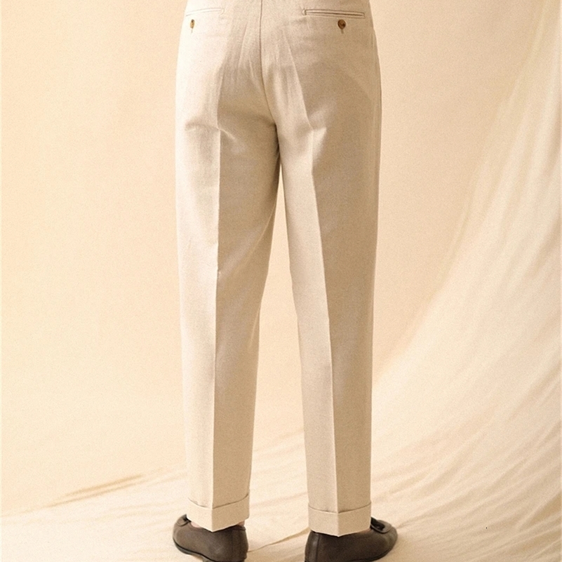 Linen Straight Pant For Men Summer Business Gentleman Naples Pant Paris Buckle Drape High Waisted Trousers Men Formal Pant 260327