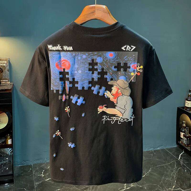 Fashionable Men's T-Shirt Trend Abstract Artistic Print Summer Loose Combed Cotton Comfortable Short Sleeved Top