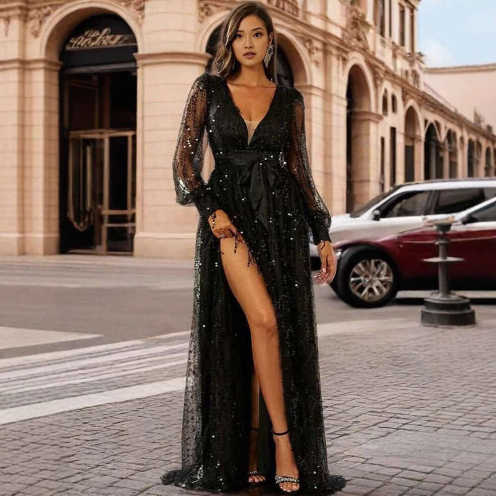 2026 European American cross-border women's new autumn mesh sequin long evening dress for banquets and events