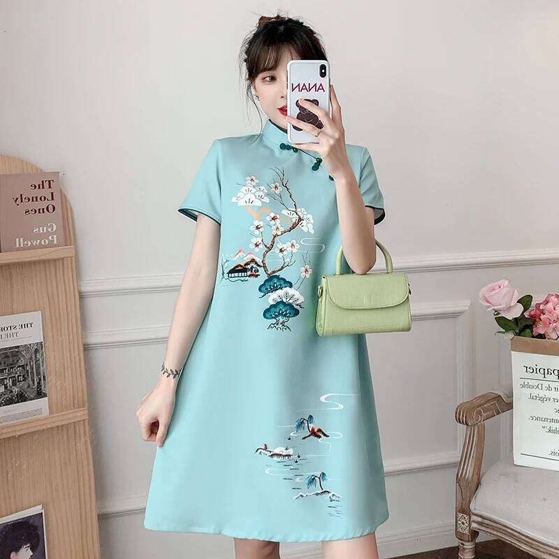 Plus Size M-4Xl 2021 New Blue Loose Fashion Modern Cheongsam Dress Women Short Sleeve Qipao Traditional Chinese Style Clothes MAKOUFEI
