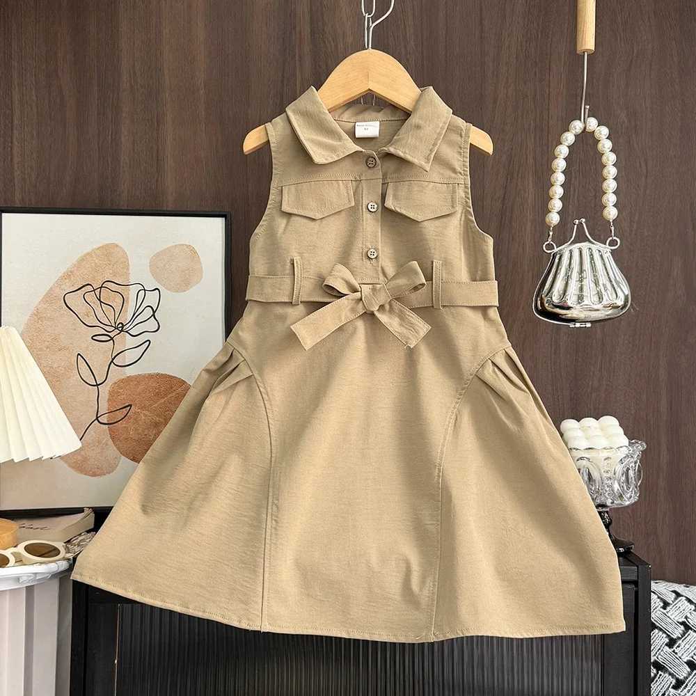 Korean Version Khaki Girls Casual Dresses Sleeveless Flip Collar Workwear Kids Dress Summer New Solid Color Childrens ClothingT260330