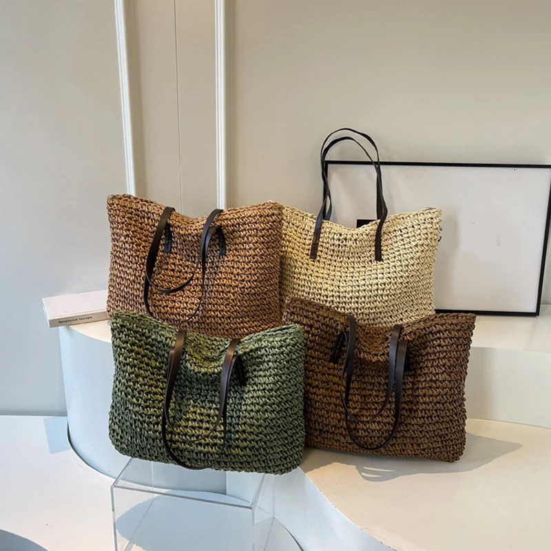 Straw Woven Tote Bags Casual Large Capacity Handbag Beach Shoulder Simple Womens Bag Shopping Summer bolsos260316