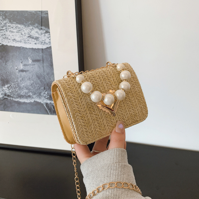 Free Shipping High Value Straw Woven Crossbody Bag for Women Pearl Beaded Handbag Summer Beach Chain Shoulder Bag with Multiple Sizes