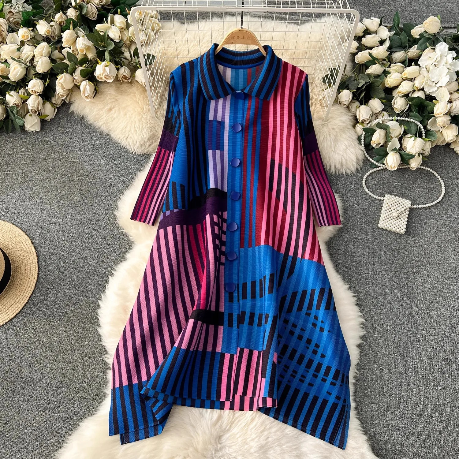 Miyake Pleated Drape Dress Women Spring Summer Colorblock Printing Lapel 34 Sleeve Single-breasted Fashion Shirt Dresses 260324