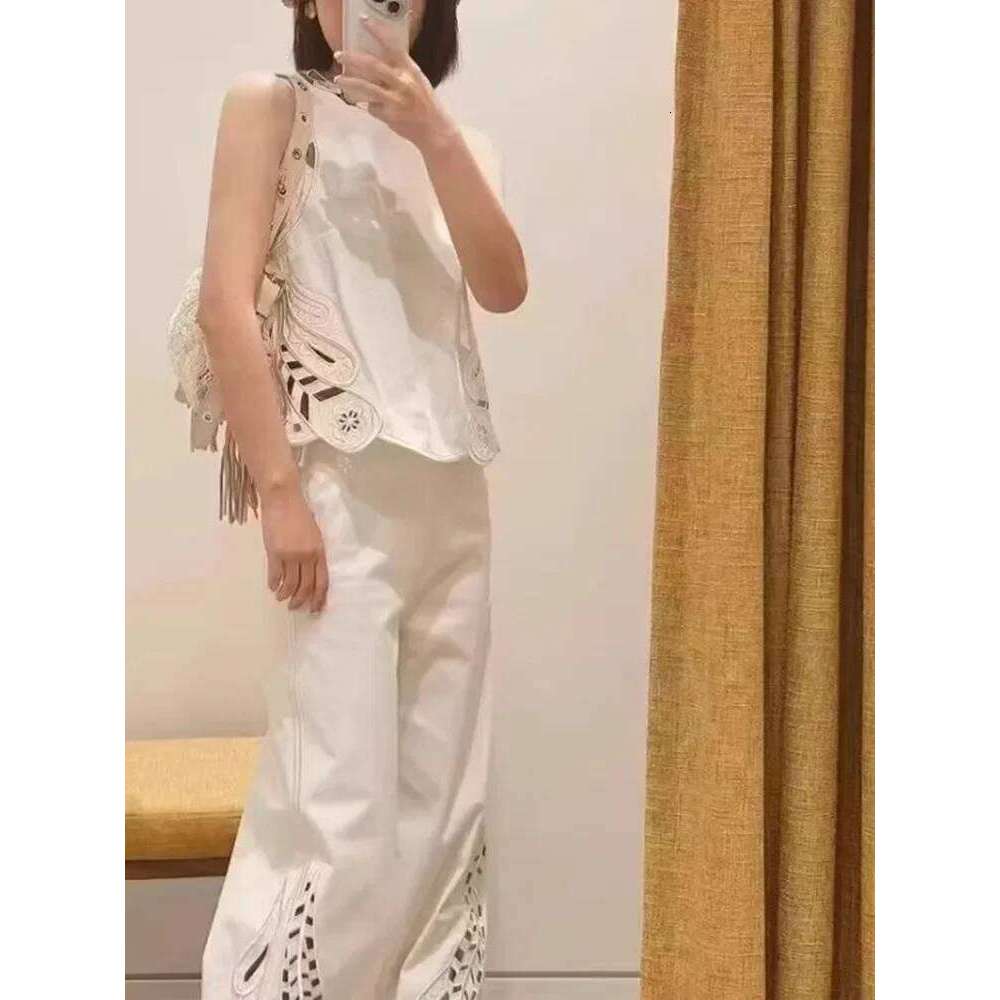 White Set Female Fashionable Hollow Embroidered Top+Fashion Wide Leg Pants Summer Mdng260330