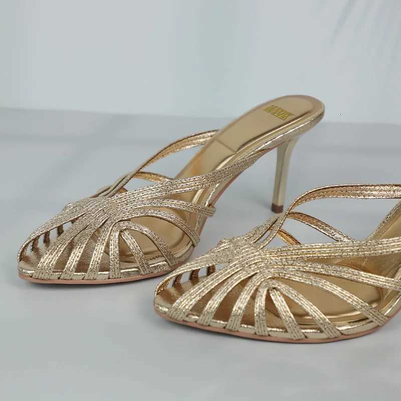 New Gold Hollow Thin Strip Heels for Women Luxury Pointed Toe Heeled Pumps Office Lady Mules Summer Stiletto Shoe Sandals 2025 Z260330