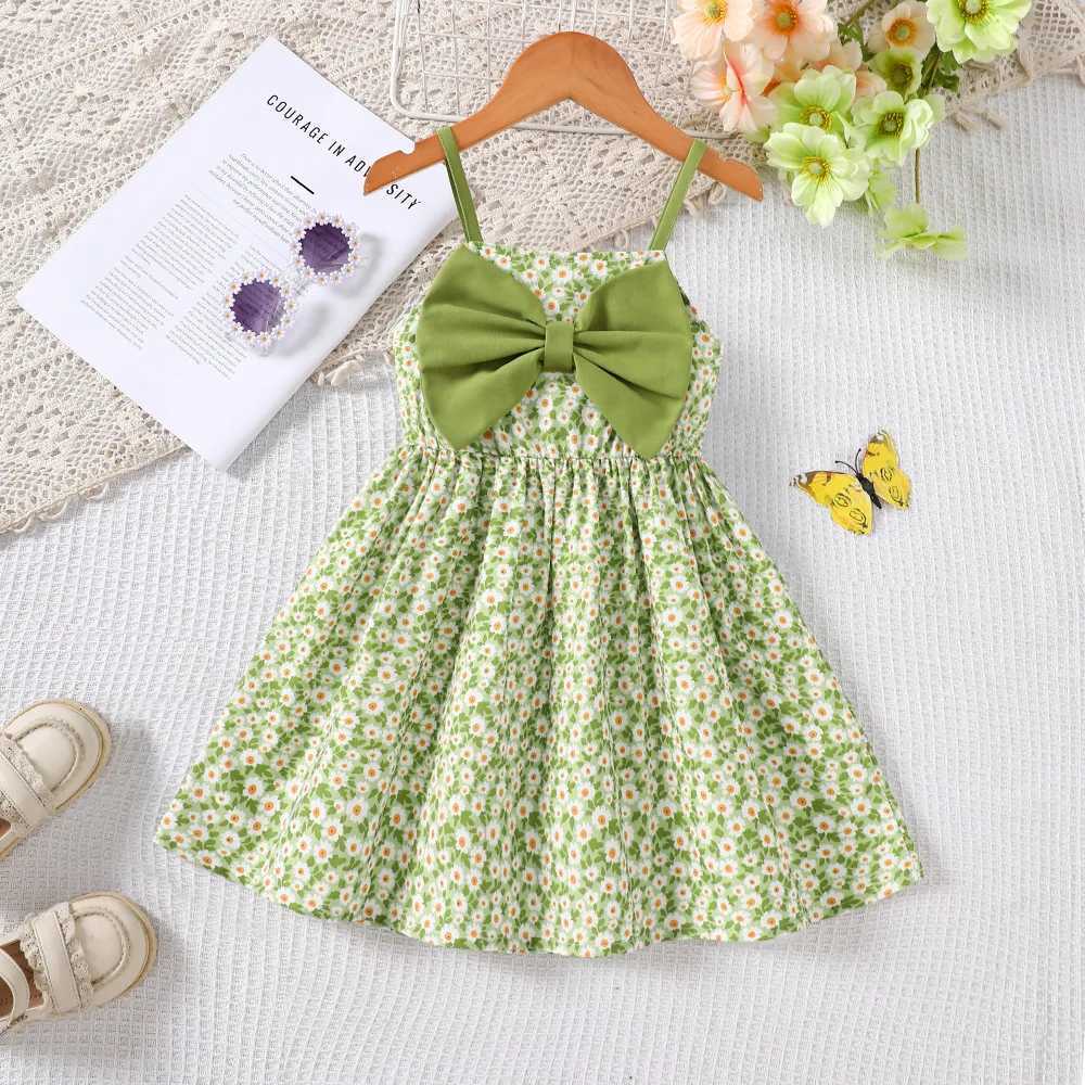 Toddler Girls Green Floral Camisole Dress - Large Bow Decoration on Chest Fresh Sweet Pastoral Dress for Spring SummerT260330