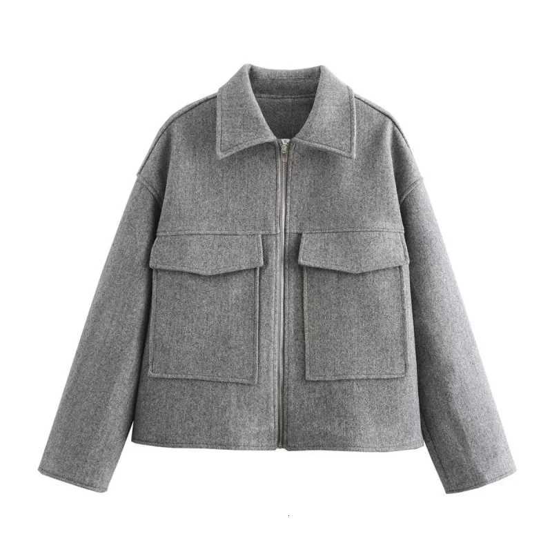 2026Spring and Autumn Fashionable Burgundy Large Pocket Zipper Woolen Coat for WomenT260328