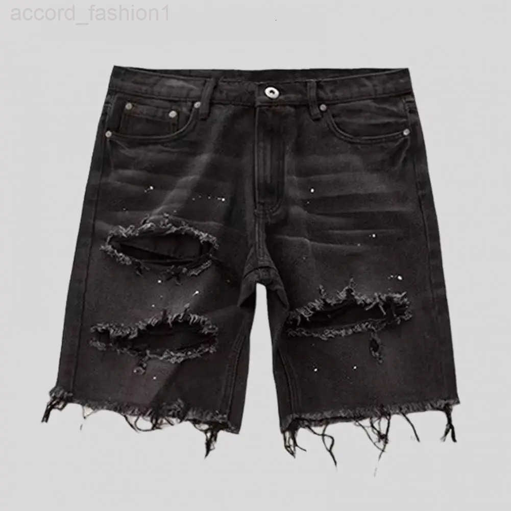 Men Denim Shorts Button Zipper Fly Multi Pockets Short Jeans Straight Fit Ripped Holes Knee Length Distressed Denim Shorts H260330