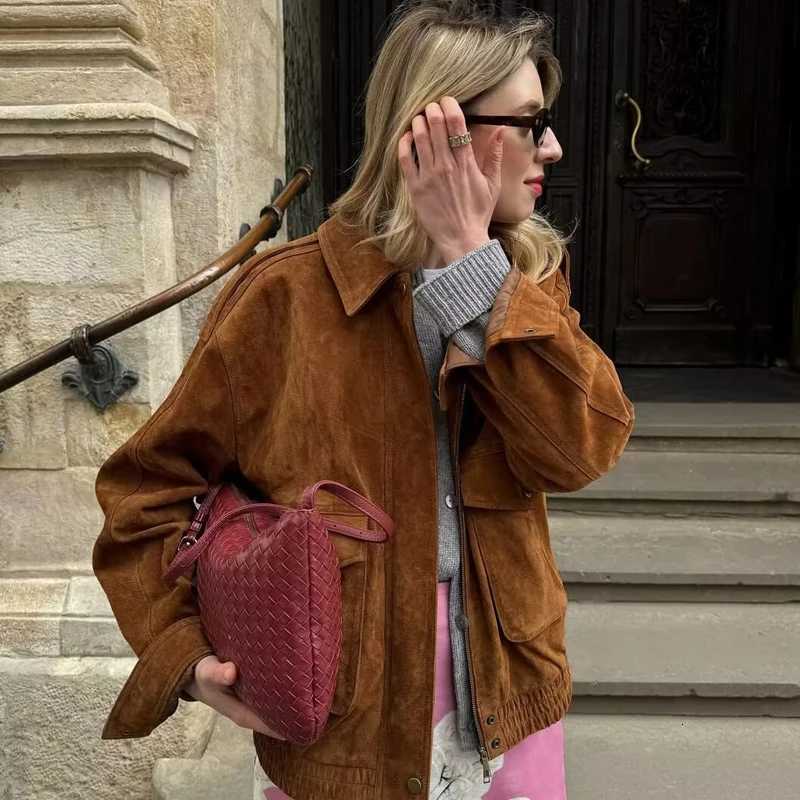 HXAO Womens Bomber Jacket Autumn 2025 Suede Crop Outerwears Khaki Darkkhaki Coats New In Coats Jackets Chic Long Sleeve TopsT260328