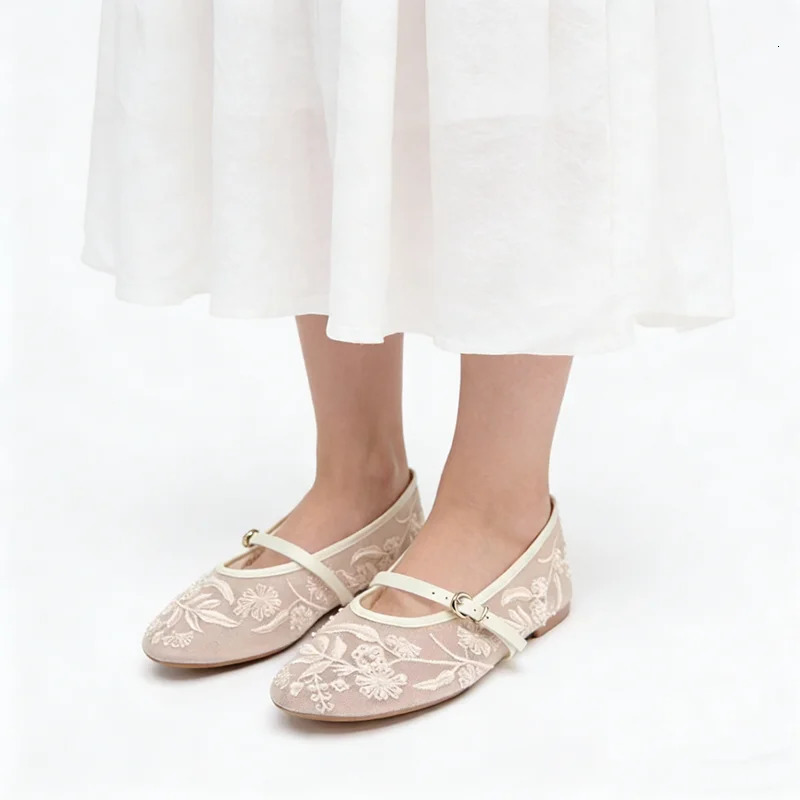 Mesh Embroidery String Bead Women Ballet Flats Fashion Buckle Breathable Mary Jane Shoe Comfort Low Heel Soft Flat Sandals 260323