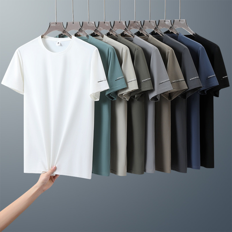 Ice silk T-shirt, summer solid color loose fit, thin, large size, breathable, with printed logo, men's short-sleeve T-shirt