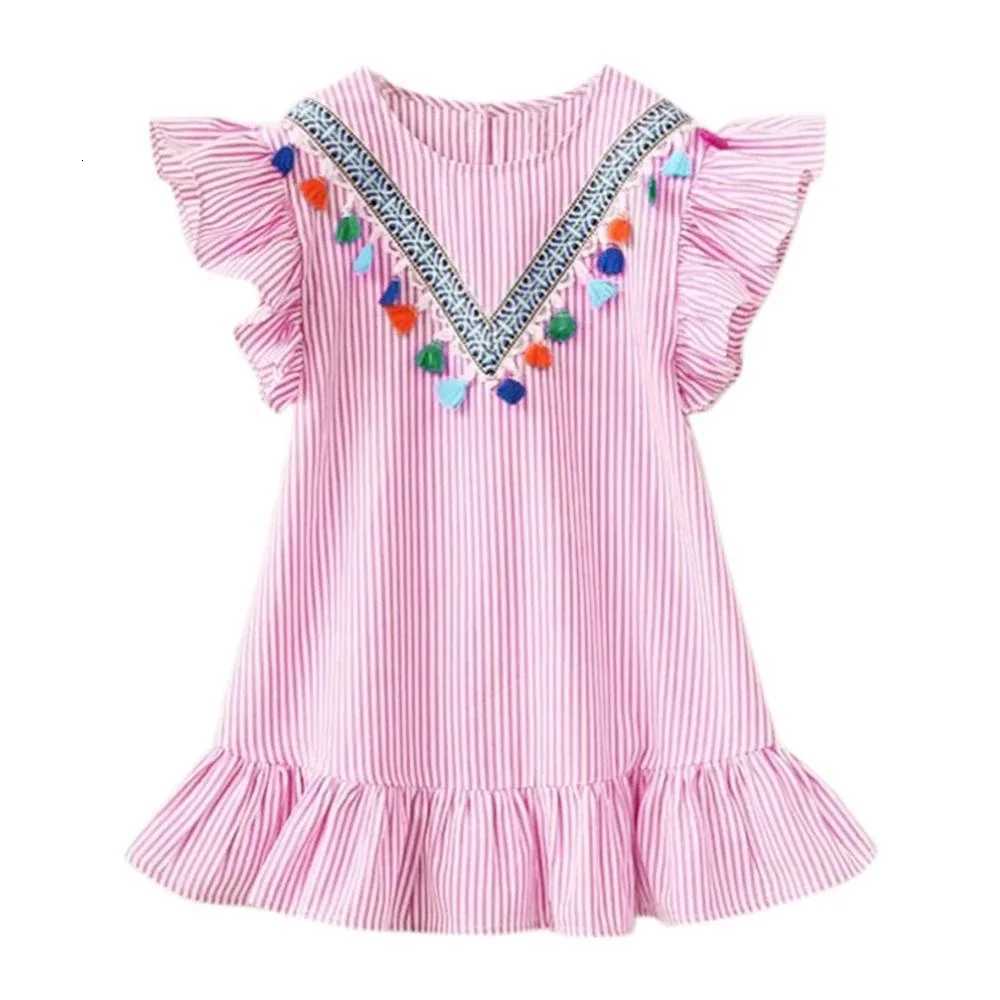 2026 Summer Girls Striped Dress Children Short Sleeves Flowers Princess Dress Baby Korean Version Beach Casual Dress 1-8YT260330