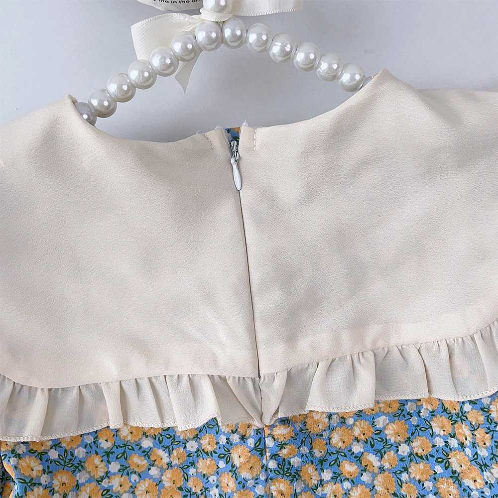Summer New Girls Bow Turn-down Collar Puff Sleeve Flower Print Dress 1 Pc 2-7 Years Kids Fashion Casual ClothesT260330