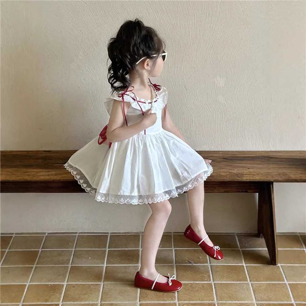 Girls Summer New Style French Ruffled Sleeveless Lace Vest Princess Dress for Children Girls Birthday White DressT260330
