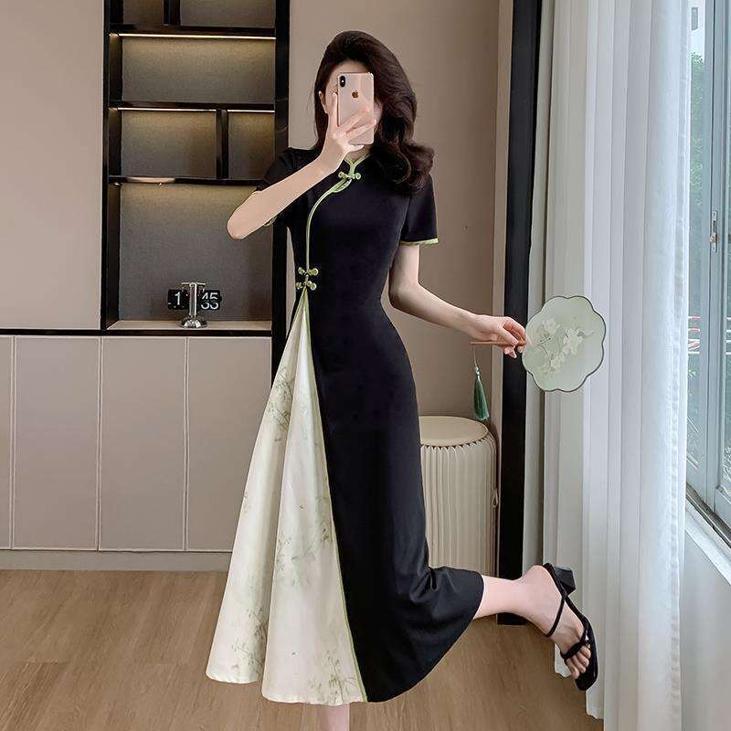 The 2026 Summer New Model: Chinese-Style Zen-Inspired Retro Modified Cheongsam, Faux Two-Piece, Waist-Cinching, Slimming, Long Dress Qipao Hanfu Silk