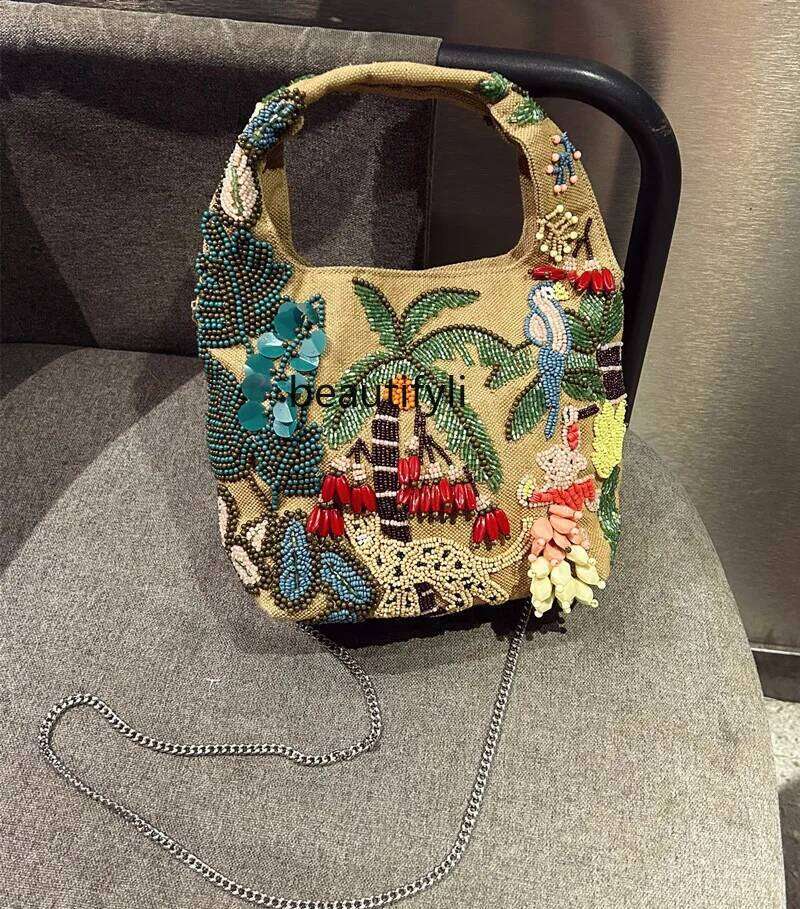 Chinese Embroidery Spanish Niche Chain Portable Messenger Women's Underarm Beaded Design Canvas Bucket Bag
