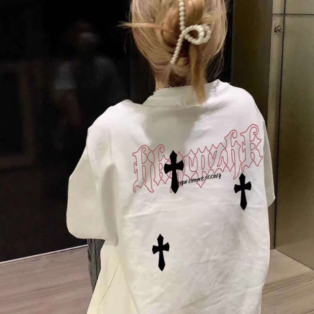 American Retro Cross Print Oversized Short-Sleeve T-Shirt For Men And Women Plus-Size Summer Loose Trendy High Street Couple's Top