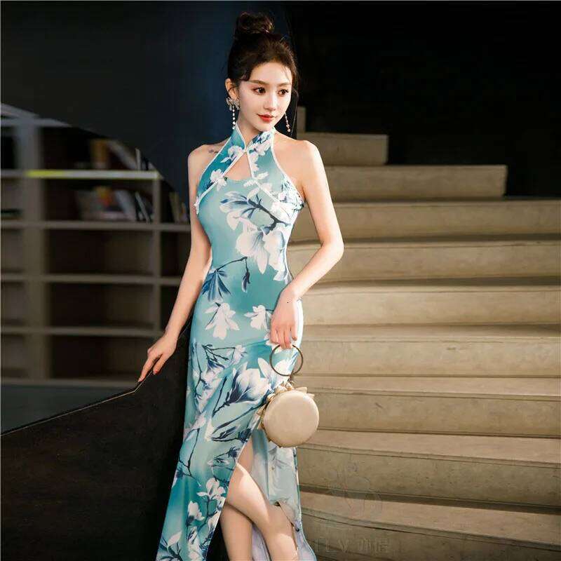 Green Blue Chinese National Cheongsam Women Summer Sexy Backless Sleeveless Floral Vintage Dress Long Qipao S To 5Xl MAKOUFEI