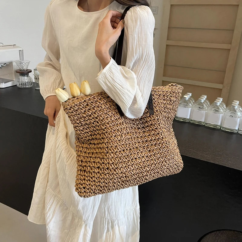 Straw Woven Tote Bags Casual Large Capacity Handbag Beach Shoulder Simple Womens Bag Shopping Summer bolsos260316