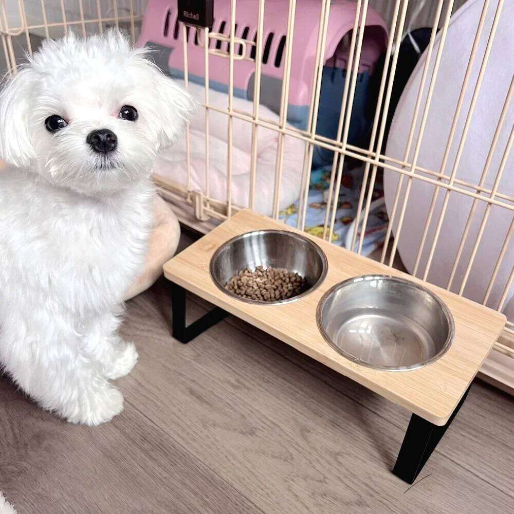 Elevated Bowls Food Mat 15 Degrees Raised Dog Bowl Stand for Puppy Cats Sturdy Bamboo Pet Feeder with 2 Stainless Steel 26W0330