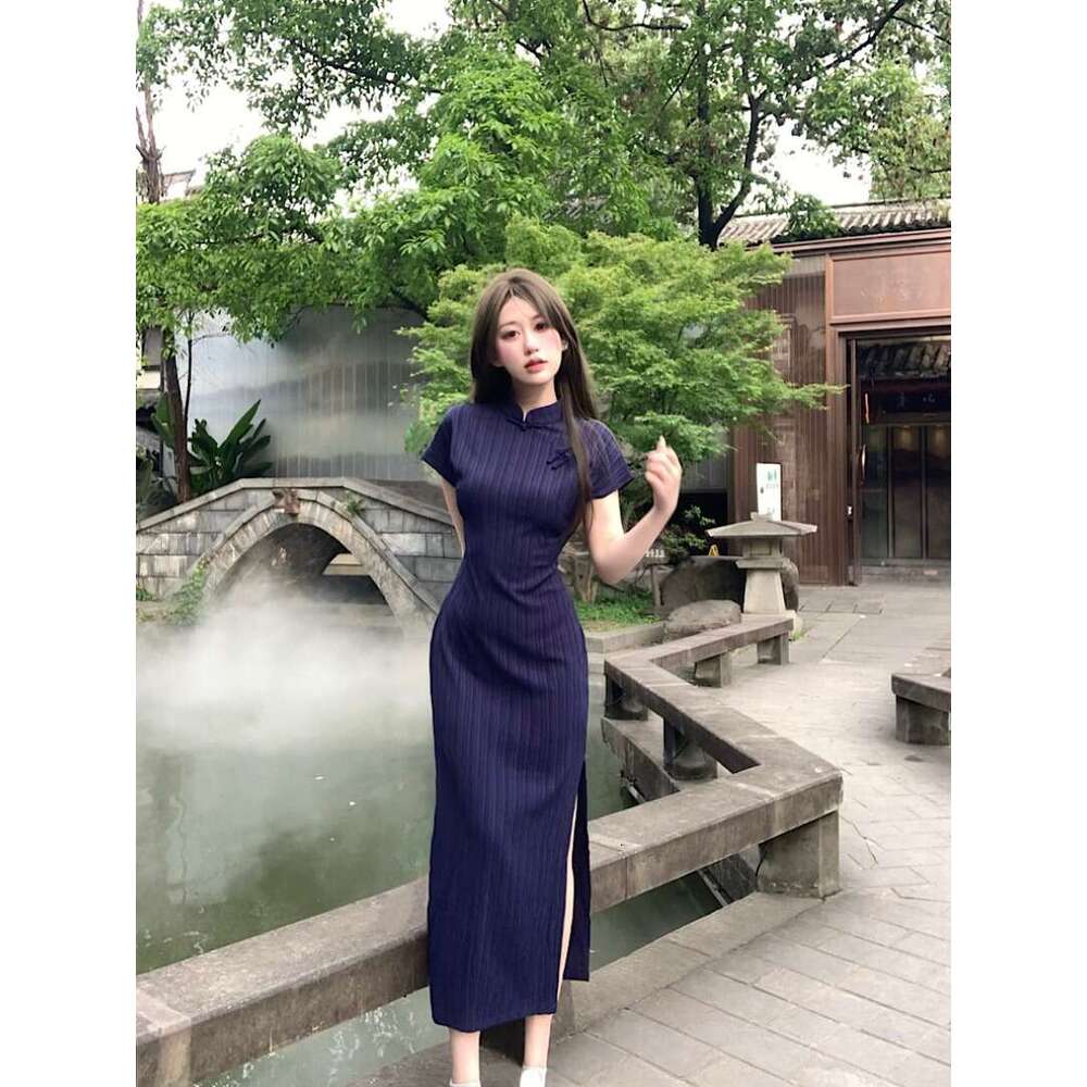Improved Cheongsam Button Short Sleeve For Women Summer New Chinese National Style Slim Fit Split Waist Bodycon Long Dress Qipao Hanfu Silk