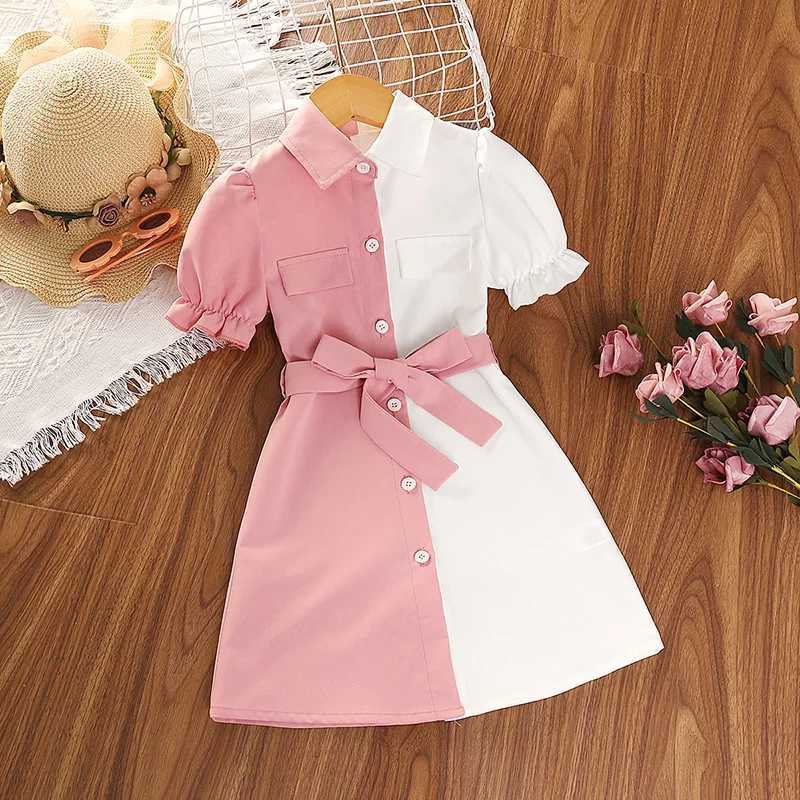 Kids Dress For Girls 4-7 Years Girls Patchwork Shirt Puff Sleeves Dress With Belt Stylish Temperament Baby Girl DressT260330
