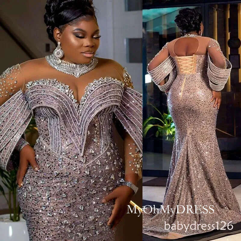 Plus Size Aso Ebi Prom Evening Formal For Women Mermaid High Neck Long Sleeves Rhinestones Crystals Birthday Dress Reception Gowns F03 D0330