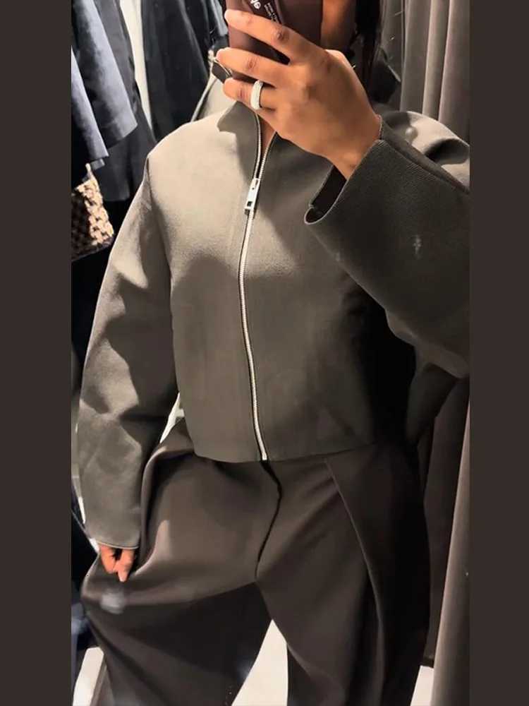 2026 Spring Womens Knit Cropped Jacket Stand Collar Zipper Loose Full Sleeve Coat Female Lady Fashion New in Matching OutwearT260328