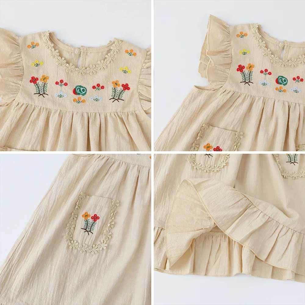 Summer Clothing Khaki Embroidered Ruffle Edge Dress Sleeveless Lace Round Neck Pocket Dress Vacation Style Girls DressT260330