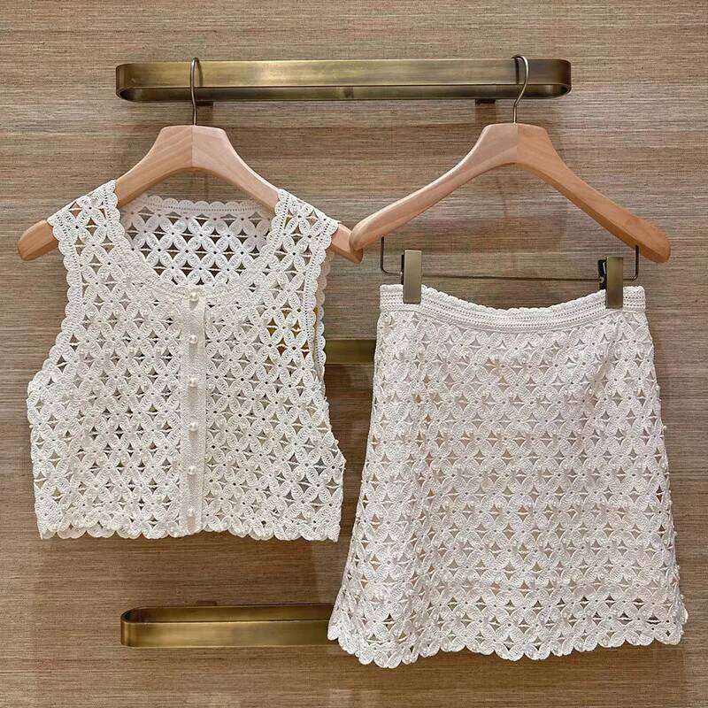 Summer New Women Hollow Out Pearl Decoration Vest Sleeveless Single-Breasted Tank Top Or Slim Ladies Mini Skirt Mdng260330