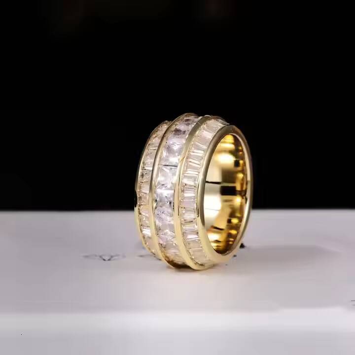 Mens Stainless Steel Moissanite Stone Hip Hop Ring with Baguette Diamond for Anniversary Gift