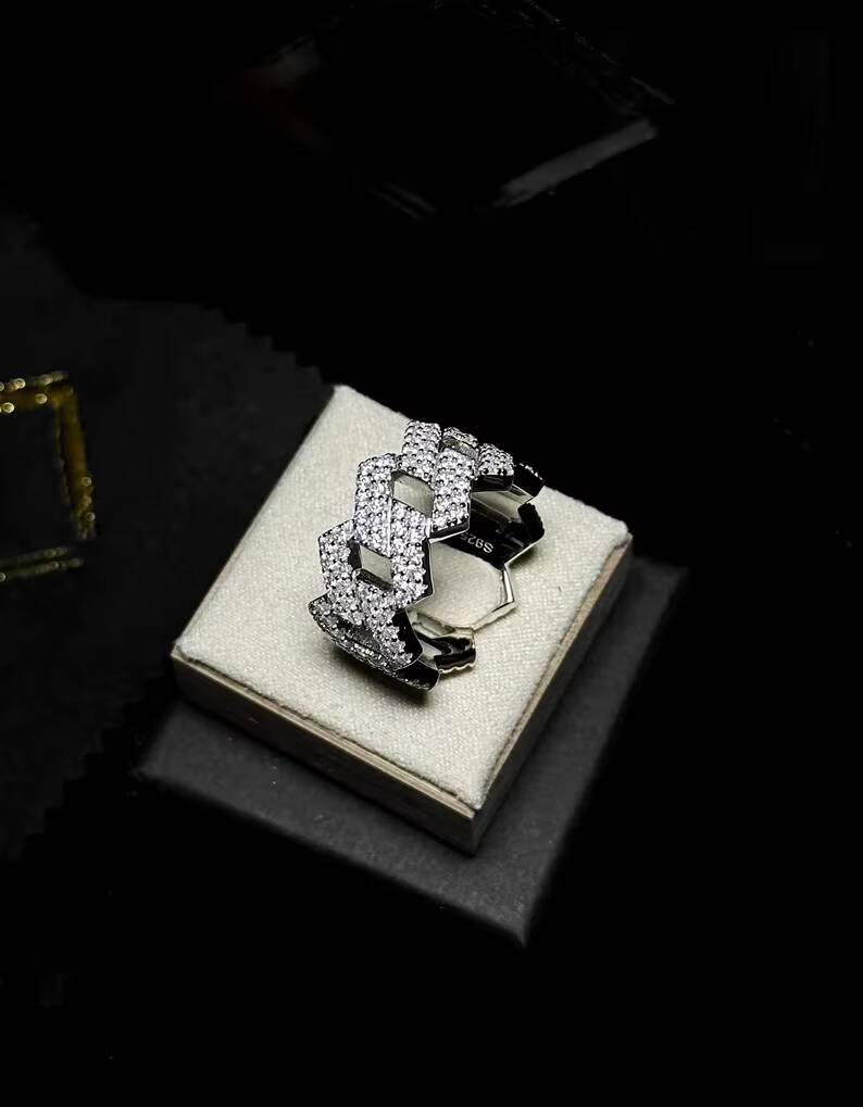 VVS Moissanite Iced Out Hip-Hop Rings S925 Sterling Silver Bling Cuban Link Moissanite Ring